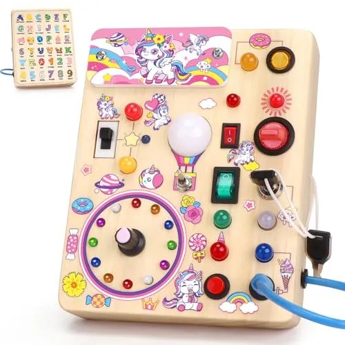 Unicornio Busy Board Juguetes Montessori 1 años Tablero de Actividades Juguete Sensoriales de Madera con 10 interruptores y 23 luces LED Juguete de Habilidades Motoras para bebés de 1 2 3 4 años