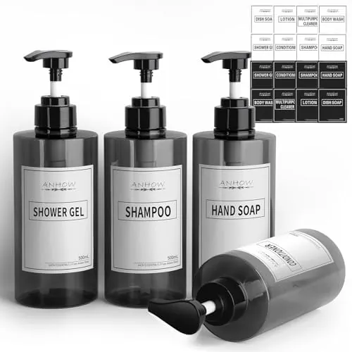 Anhow 4 Pcs Dispensador de Botellas de Recargable, 500ml Dispensador Gel y Champu Ducha Contenedor de Loción con 16 Etiqueta Impermeable, para Baño, Viajes - Gris