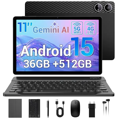 Tablet 11 Pulgadas Gemini AI, 36GB RAM + 512GB ROM/1TB TF, 4G LTE Dual SIM+5G WiFi, 2GHz Octa-Core, Widevine L1, 9580mAh/GPS/13MP/GMS/OTG, Android Tablet con Teclado+Lápiz+Funda+Ratón+Auriculares