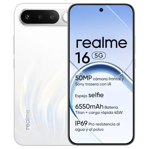 Smartphone realme 16 5G, 6GB+256GB, Pantalla AMOLED 120Hz 6,57", Batería 6550mAh, Cámara 50MP Sony IMX852, IP69Pro, Carga rápida 45W, Doble SIM, NEXTAi, Blanco (Sin Adaptador)