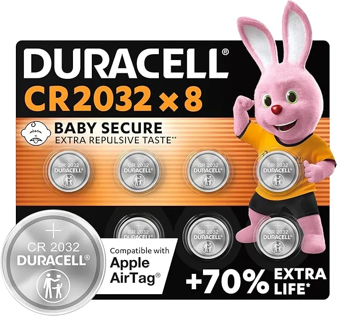 Duracell CR2032 pilas de botón de litio 3 V (paquete de 8) - Hasta un 70 % extra duración - Tecnología Baby Secure - Para Apple AirTag, llaves remotas, dispositivos domésticos, deportivos y médicos