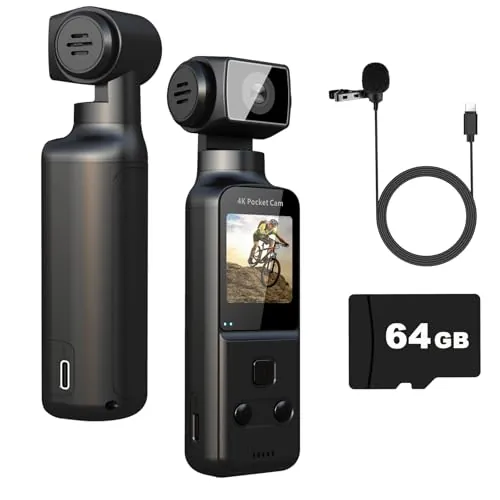 ydi Cámara Corporal 4K con Micrófono Externo, Mini Video y Audio Pocket CAM Rotación 270° Cámara para Deporte, Bicicleta, Viajes, Grabación Policial, 64 GB Incluidos