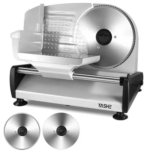 YASHE Cortadora de Fiambre Eléctrica, Cortadora de Carne y Pan de 250W con Cuchillas Serradas y Lisas de 19cm, Espesor Ajustable 0–15mm, Bloqueo de Seguridad, Pies Antideslizantes, Fácil de Limpiar