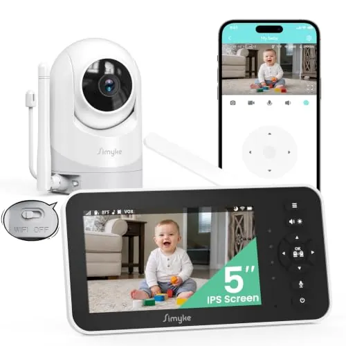 Simyke Monitor de video para bebé con cámara y audio, pantalla de 12,7 cm, 720P, sin wifi o modo de aplicación gratuita, Pan-Tilt-Zoom, canciones de cuna, recordatorio de alimentación, visión nocturna