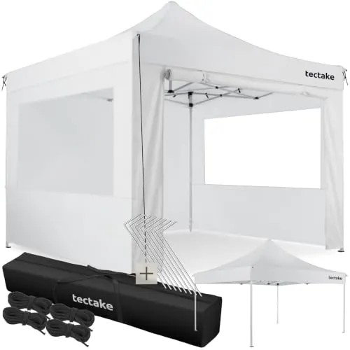 tectake® Carpa Plegable, Estructura Robusta, Impermeable, Cenador con Ventanas, Pergolas de Jardin, Toldo Camping, Playa, Exterior, Carpas Impermeables, Cenadores para Jardin - 3x3 m Blanco