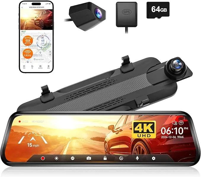 WOLFBOX G930 10" Espejo Retrovisor con Camara y 5.8GHz WiFi, 4K Ultra HD Doble Dashcam y 1080P WDR Camara Trasera Espejo Dash CAM Coche para Navegador GPS 24H Cámara Vigilancia Aparcado Tarjeta 64GB