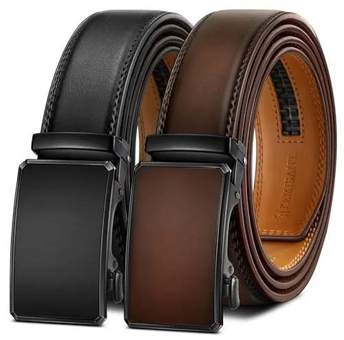 KEMISANT Cinturón Hombre 2 Unidades,Hebilla de Trinquete con Click Deslizante,Cuero 3,5 cm (1 3/8"),Ajuste Personalizado(Negro/Marrón intenso,160cm/48-56" Cintura ajuste)