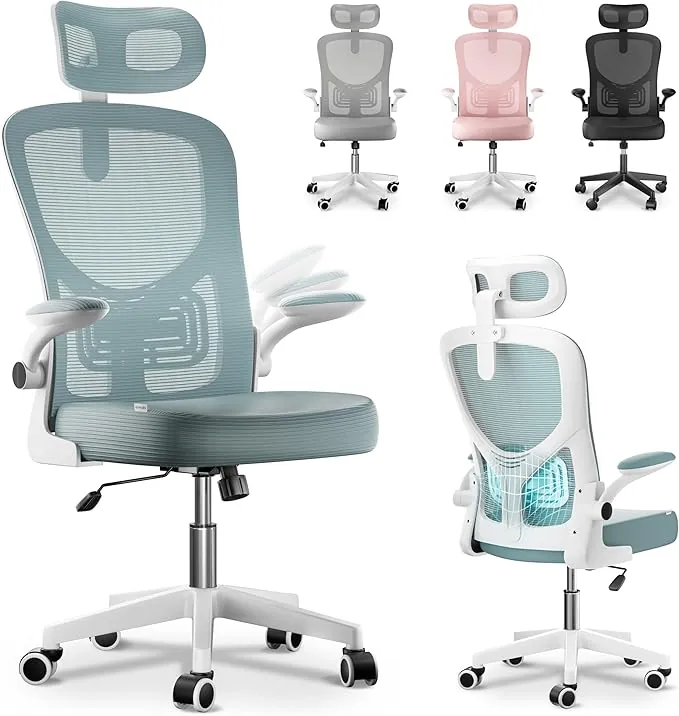 JUPPLIES Silla Escritorio Ergonómica - Silla Oficina Ajustable y Reclinable con Soporte Lumbar, Reposacabezas Ajustable, Reposabrazos Plegables, Malla Transpirable, Ruedas 360°, Soporta 120 kg