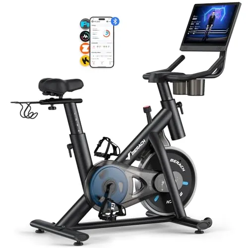 MERACH Bicicleta Estática con Pantalla Conectada, Bicicleta de Fitness Silenciosa con Resistencia Magnética, Asiento Cómodo, Aplicación Exclusiva, Carga Máxima 136 kg