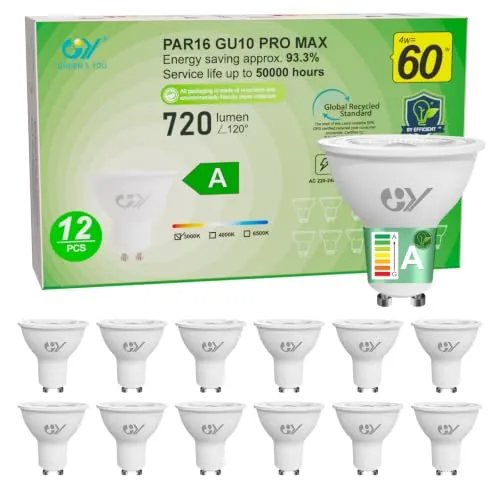 GY Bombilla Led GU10 4W(Equivalente a 60W), Luz Blanca Cálida 3000K, 720 Lúmenes, Ángulo de haz de 110°, No Regulable, Bombilla Bajo Consumo Clase A, Pack de 12