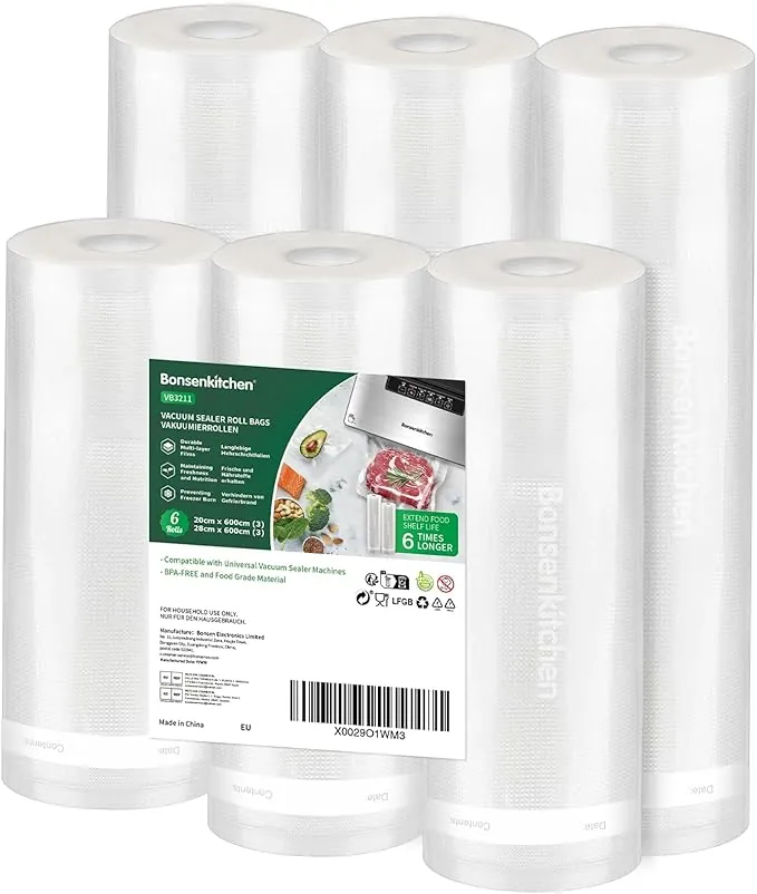 Bonsenkitchen Bolsas vacio Alimentos, 3 Rollos 28 x 600cm + 3 Rollos 20 x 600cm Bolsas Envasar al Vacio Alimentos para Conservación de Alimentos y Sous Vide Cocina & Boilable,sin BPA, VB3211