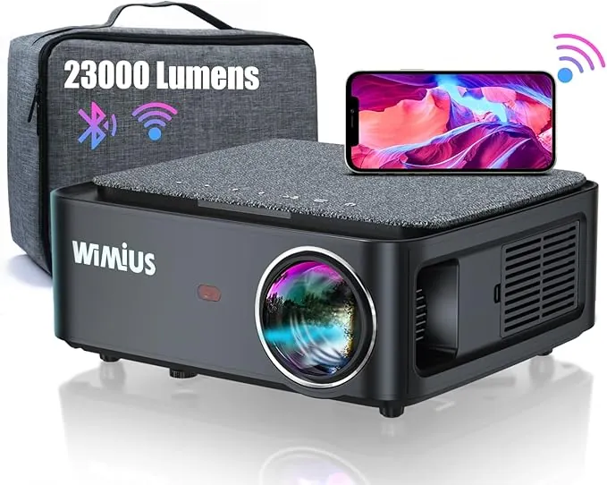 Proyector WiFi Bluetooth 4K Soporte, 35000 Lúmenes WiMiUS Proyector WiFi Bluetooth Full HD 1080P Nativo Ajuste Digital 4P/4D, Zoom 50% Proyectors Portátil Cine en Casa 300” para PPT,PS5,TV Stick HDMI