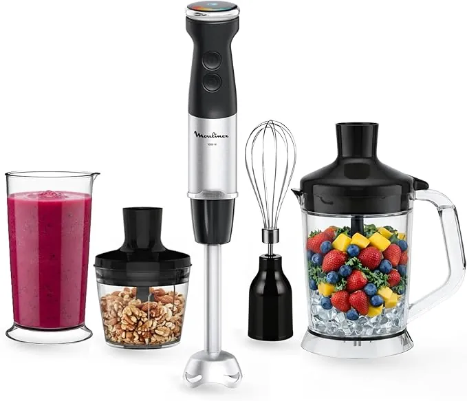 Moulinex Quickchef, Batidora de mano de 1000 W, cuchillas con tecnología Powelix, accesorio batidor picador XL 5 en 1, modo silencioso, 2 velocidades variables, DD67L810