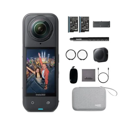 Insta360 X5 Paquete Esencial Negro -Cámara 8K 360°, sensores duales 1/1,28" | Cámara deportiva resistente al agua, líder con poca luz, lente reemplazable, batería de 3h, estabilización, cámara de acción