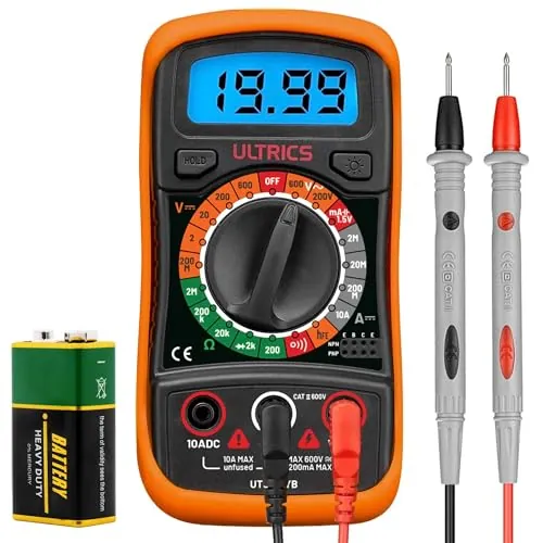 ULTRICS Multímetro Digital, Tester Eléctrico AC/DC, Corriente y Resistencia | Diodo, Continuidad, Transistores, Pantalla LCD Iluminada, Data Hold, Entrada 10A, Cables Incluidos, para casa, taller y DIY