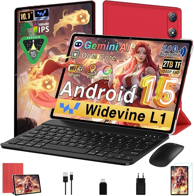 Android 15 Tablet 10 Pulgadas 30GB RAM+64GB ROM (2TB/TF), Gemini AI, Octa-Core 2.0Ghz, 1080*800 FHD IPS, Standby Extra Largo, 5G WiFi, Widevine L1, Face ID, 5MP + 13MP, GMS, Tablet con teclado - Rojo