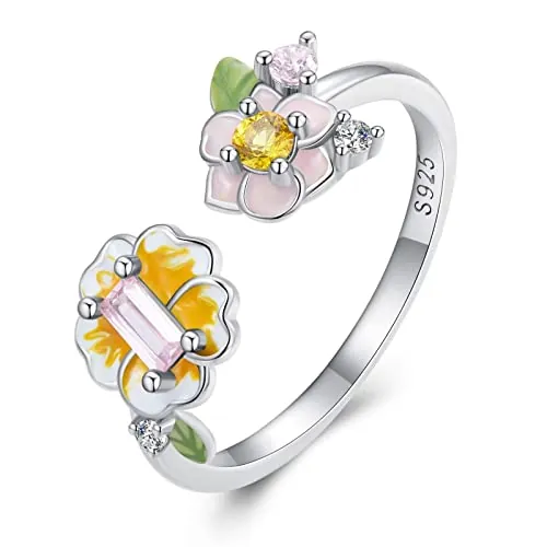 Qings Anillo abierto de flor brillante anillo ajustable de plata de ley 925 con flores rosadas y amarillas hojas verdes para mujeres y niñas