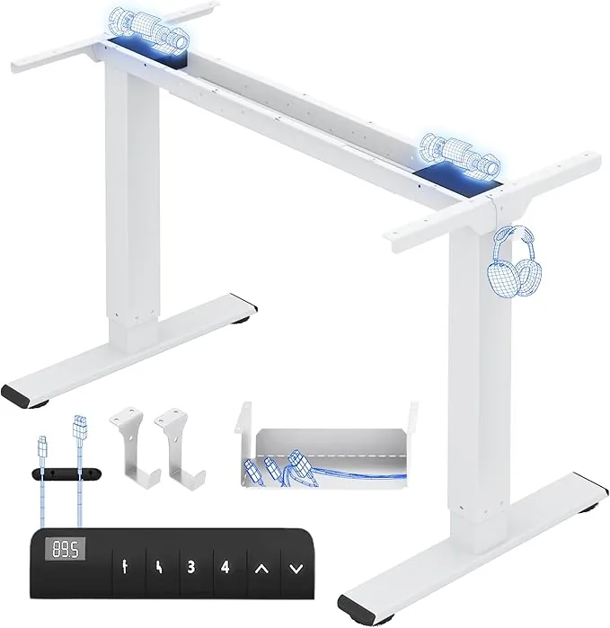 FLEXISPOT E1 Pro Escritorio Elevable Eléctrico con 2 Motores y 2 Patas Escritorio Ajustable en Altura de Acero con 4 Funciones de Memoria Standing Desk, Carga de 100kg(Marco en Blanco)