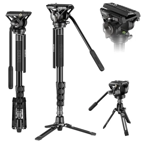 SIRUI 188cm Monopié de Cámara con Pies, Monopié de Viaje de Aluminio con Base de Trípode, Monopié de Vídeo Ligero con Cabeza de Fluido para Videocámara, Carga Máx. 8kg - AM-MDP02