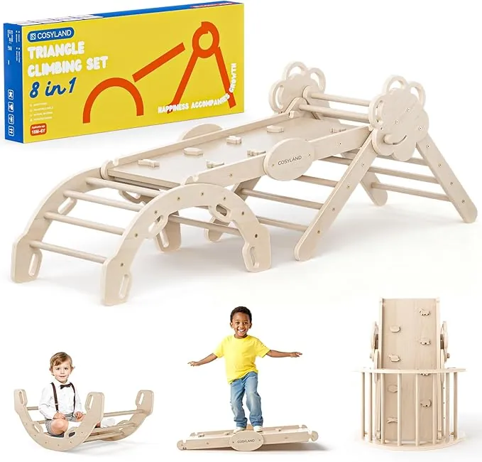 COSYLAND 8 en 1 Triángulo de Escalada Montessori con Arco y Rampa, Set Plegable Infantil, Juguete de Madera Resistente para Interior, Niños 18 Meses-6 años, Natural/Madera Clara, Grande
