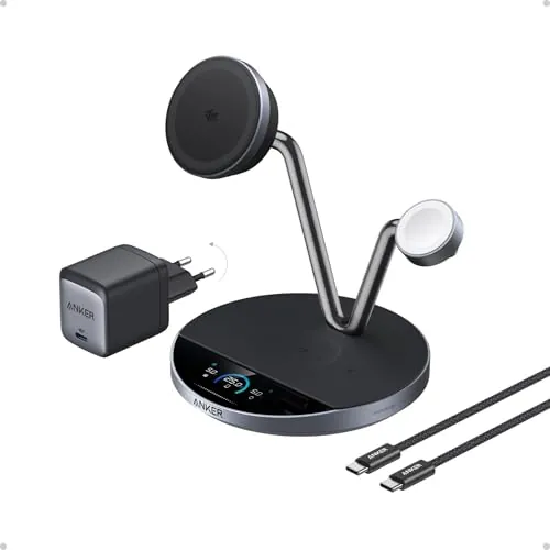Anker Prime Cargador Inalámbrico iPhone 3 en 1 Qi2 25W Pantalla Inteligente