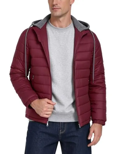 ZITY Chaqueta Hombre Invierno Ligera Chaquetas Acolchadas con Capucha Abrigo Otoño con bolsillos para Actividades al Aire Libre Senderismo,Rojo Vino,M