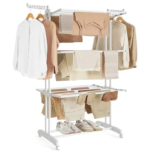SONGMICS Tendedero Plegable de 4 Niveles, con Ruedas, Alas Plegables