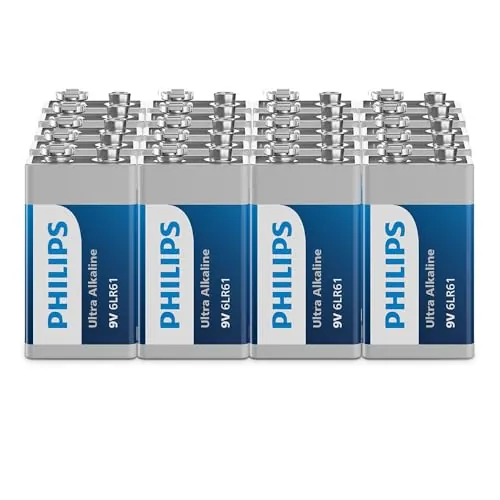 Philips Ultra 9V, baterías alcalinas 6LR61, Esenciales para detectores de Humo y radios, Paquete de 20