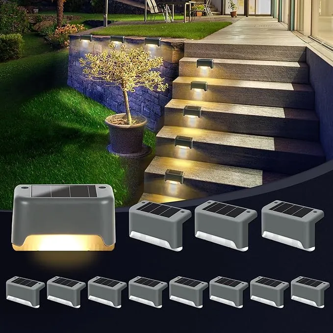 GIGALUMI Luces Solares para Exteriores Pack de 12, Luces para Escaleras, Impermeables, Iluminación LED para Escaleras Exteriores, Escalones, Vallas, Patios, Terrazas, Gris, Blanco Cálido