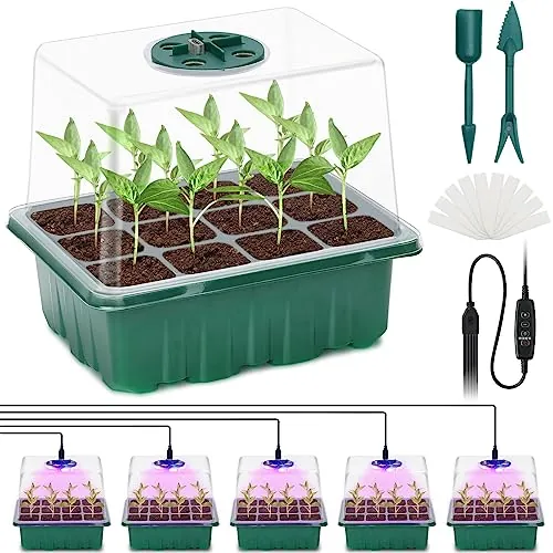 Idealife 5 Pcs Bandejas Semilleros con Lámpara con Cúpula y Base | Germinacion Plántulas,Bandeja Germinar para Invernaderos,Invernadero Bandejas de Cultivo para Plantas en Crecimiento