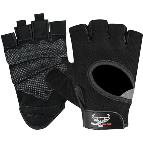 BEAST RAGE Guantes de Fitness parlevantamiento de Pesas para Hombres y Mujeres, Transpirables,Antideslizantes,Acolchados de Silicona,Guantes de Gimnasio Entrenamiento Ciclismo (S, Negro)