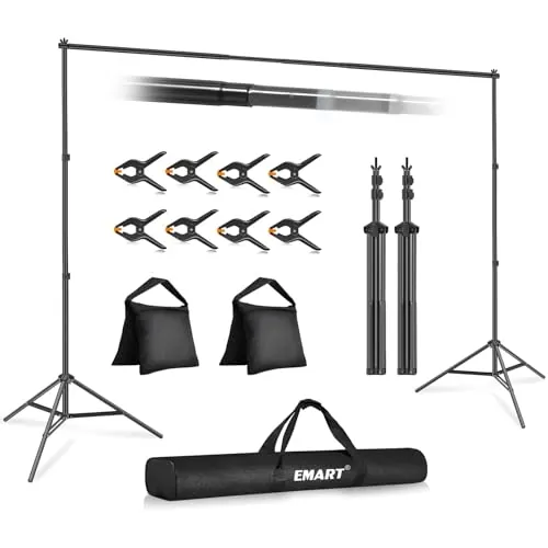 EMART Soporte Fondo Fotográfico 2mx3m, Kit de Sistema de Soporte de Fondo Ajustable con 8 Pinzas y 2 Bolsas de Arena para Retrato, Fotografía de Productos y Grabación de Video