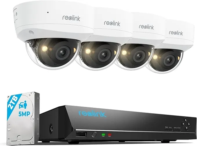 Reolink Sistema PoE 5MP, 4 cámaras IK10, Lentes de 2.8mm Exteriores, visión Nocturna en Color, detección de Movimientos, Audio bidireccional, IP67, NVR de 8 Canales con HDD de 2TB, Modelo RLK8-500V4