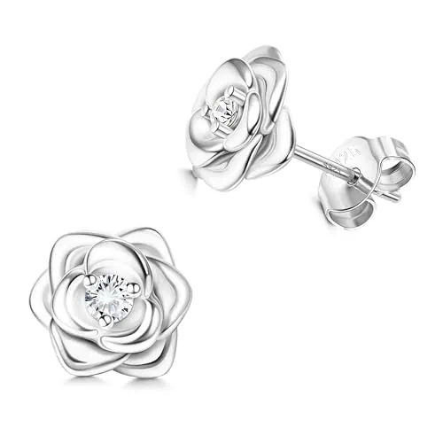 JeweBella Pendientes Flor de Plata 925 Hipoalergénicos Rosa Circonita Cúbica para Mujer y Niña - Cartílago Plata/Oro/Rosa/Negro