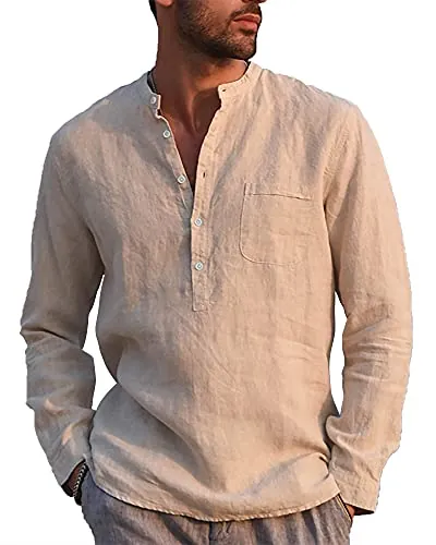 LVCBL Camisa De Lino para Hombre Transpirable con Cuello En V Business Travel Khaki XL