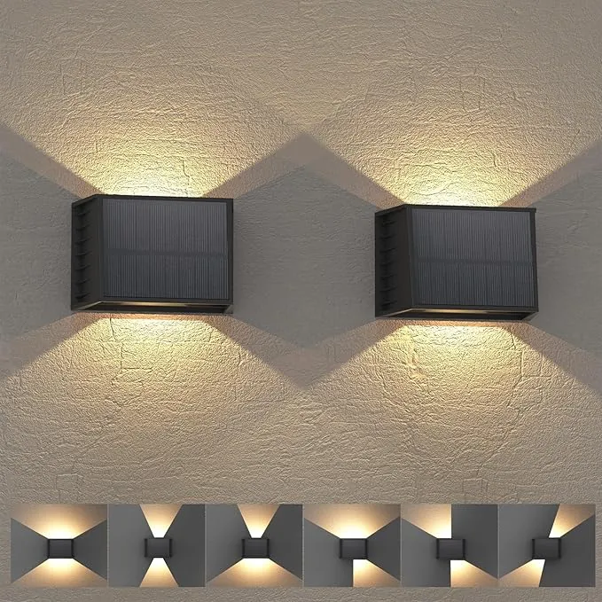 T-SUN Aplique Solar Exterior Pared 2 Piezas, 3000K Blanco Cálido Lámparas Solares Para Exterior Ángulo Del Haz Arriba y Abajo, Luces Solares Exteriores Jardin Impermeable para Porche, Camino, Garaje