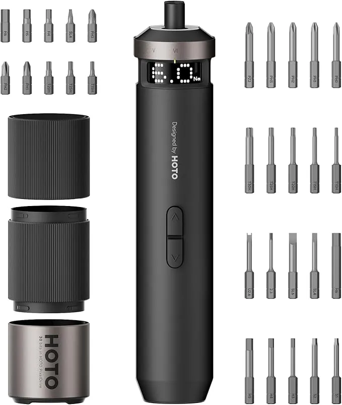 HOTO PixelDrive Destornillador Eléctrico de 3.6V, pantalla inteligente, 6 ajustes de par (0,5-6 N·m), 30 puntas hexagonales 1/4″, luz LED, para electrónica y reparaciones domésticas