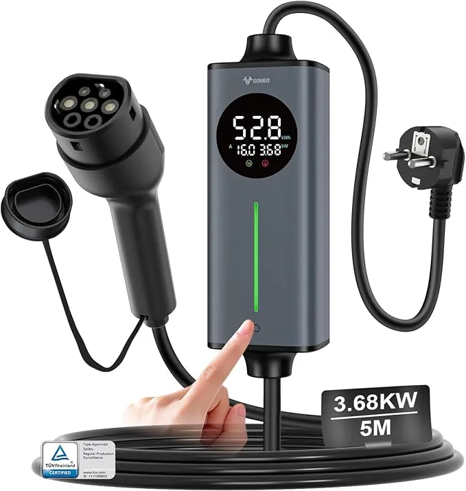 GONEO Cargador Coche electrico Tipo 2 schuko monofásico 16A 3,68kw 5M | Sensor de Temperatura y Tierra detección | AC 30mA+DC 6mA Protección | Tiempo y Corriente Ajustables,estación de Carga portátil