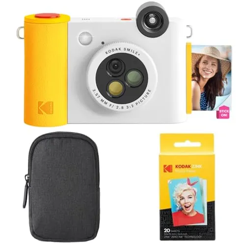 Kodak Smile+ - Paquete de iniciación de cámara instantánea Digital e Impresora fotográfica 2 en 1, Funda + Papel Zink 20 Unidades, 10 MP, Lente giratoria, Color Blanco