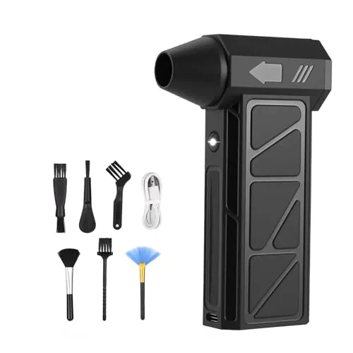 Soplador de aire eléctrico, recargable, soplador de aire comprimido turbo | Con luz LED & 6 cabezales de cepillo de repuesto, soplador de aire para PC, teclado, exterior, camping y barbacoa