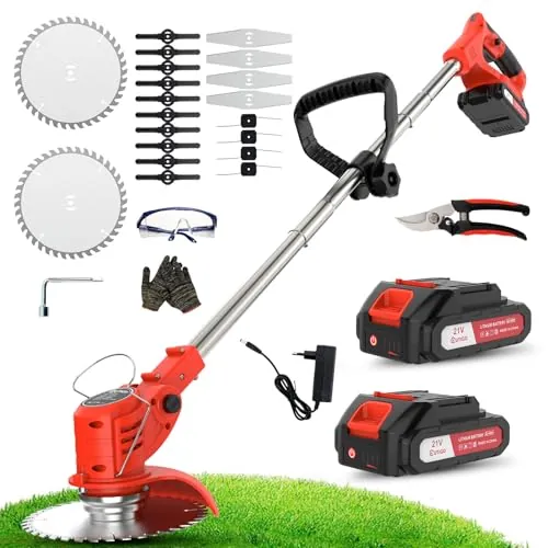 OUTIGO Cortadora de césped eléctrica inalámbrica, desbrozadora inalámbrica con 2 baterías y 4 Cuchillas, Recortar Malas Hierbas, césped Exterior y Ramas pequeñas, Decespugliatore Elettrico