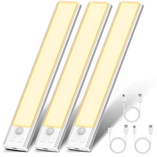 OUILA Luz de Armario con Sensor Movimiento 3000K Recargable Luz Nocturna,20.5CM Regulable Lampara LED Adhesiva para Gabinete, Pasillo, Escalera, Sótano, Cocina, Garaje-3 Packs