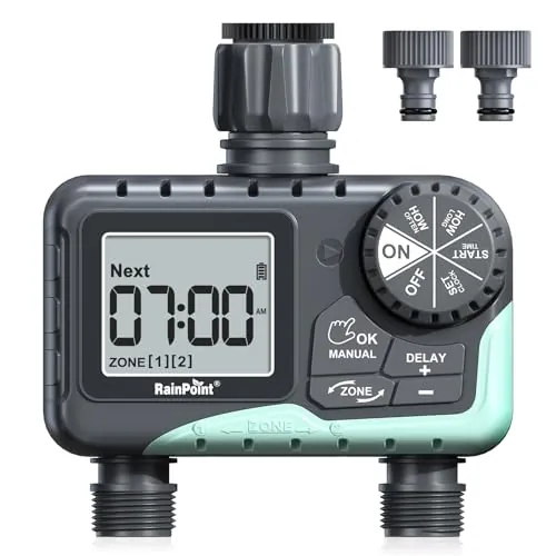 RAINPOINT Programador Riego 2 Salidas, Temporizador de Riego Automatico Impermeable IP65 con Retraso por Lluvia/Riego Manual, a Pilas, para Jardín, Césped