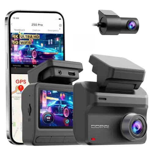 DDPAI Z50 Pro Dashcam Coche Delantero Trasero 4K + 1080P, 5G WiFi6, GPS, Dash CAM 3" IPS, Monitor Estacionamiento 48h, Visión Nocturna, ADAS, Grabación en Bucle, Sensor G, Supercondensador, Soporta