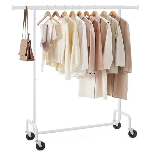 SONGMICS Burro Ropa con Ruedas, Perchero Burro Extensible con Carga Pesada, Capacidad de Carga de 130 kg, 45 x (110-150) x 162,9 cm, Fácil de Montar, Portátil, Blanco Mate HSR011W01