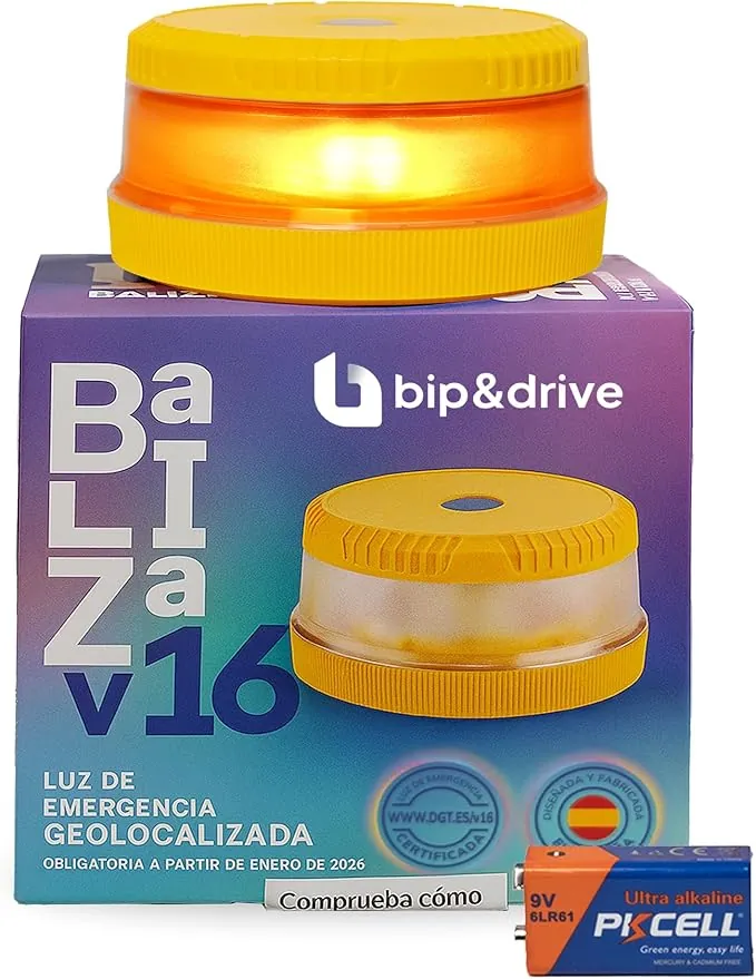 Baliza V16 Homologada DGT con Geolocalización | Luz de Emergencia Coche LED 360° 1km | Conectada Plataforma DGT 3.0 | Resistente a la Lluvia | con Indicador de Batería y Base Imantada | Bip&Drive