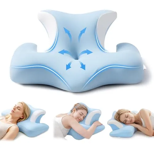 COSYLAND Almohada Cervicales y Cuello - Ergonómica para Dormir de Lado, Boca Arriba o Abajo, Espuma Viscoelástica, Diseño con Espacio para Orejas y Brazos, Funda Transpirable, 64×48×24 cm, Azul Cielo