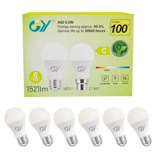 GY 9.5W Bombillas Led E27 4000K Luz Neutra, 1521 Lúmenes, No Regulable, A60 Bombilla Bajo Consumo Pack de 6