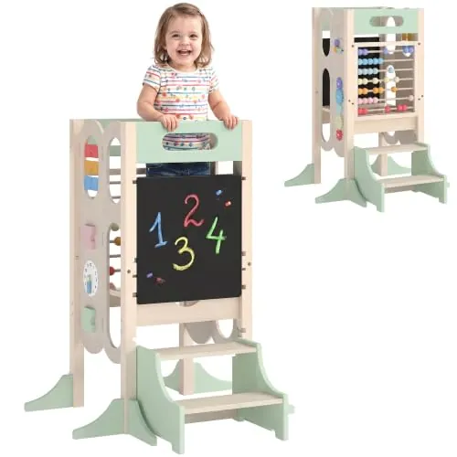 AIYAPLAY Torre de Aprendizaje 6 en 1 Montessori Plegable 3 Alturas Verde | Torre de Aprendizaje de Madera con Pizarra, Ábaco, Reloj, Engranajes, Escalones Desmontables, para Baño, Cocina, 2-6 Años