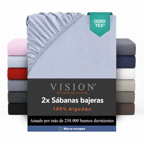 Vision – Juego de 2 sábanas de 90 x 200 cm – Colores: Gris Perla – 100% algodón, 57 Hilos – 4 Esquinas elásticas – Gorro de 30 cm